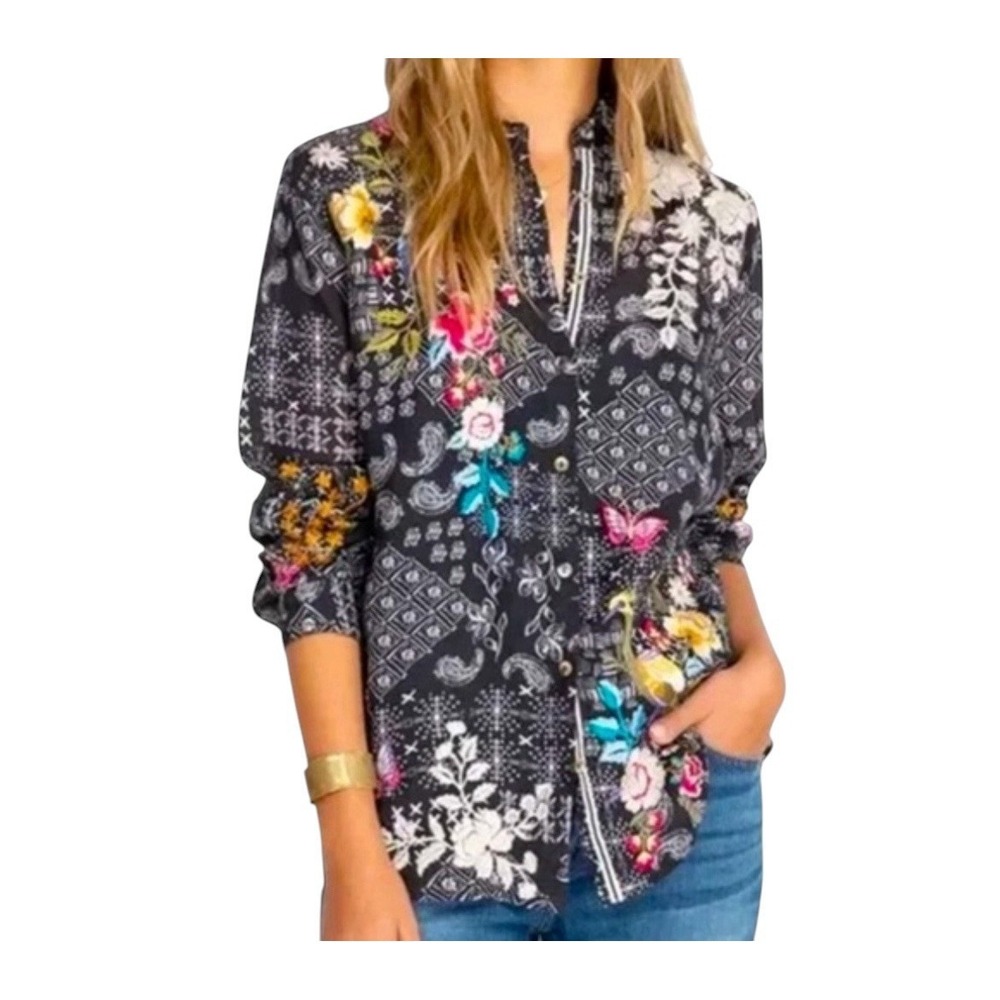 Johnny Was Workshop M Oversized Embroidered Button Down Bird Floral Boho Whimsy - Picture 3 of 13